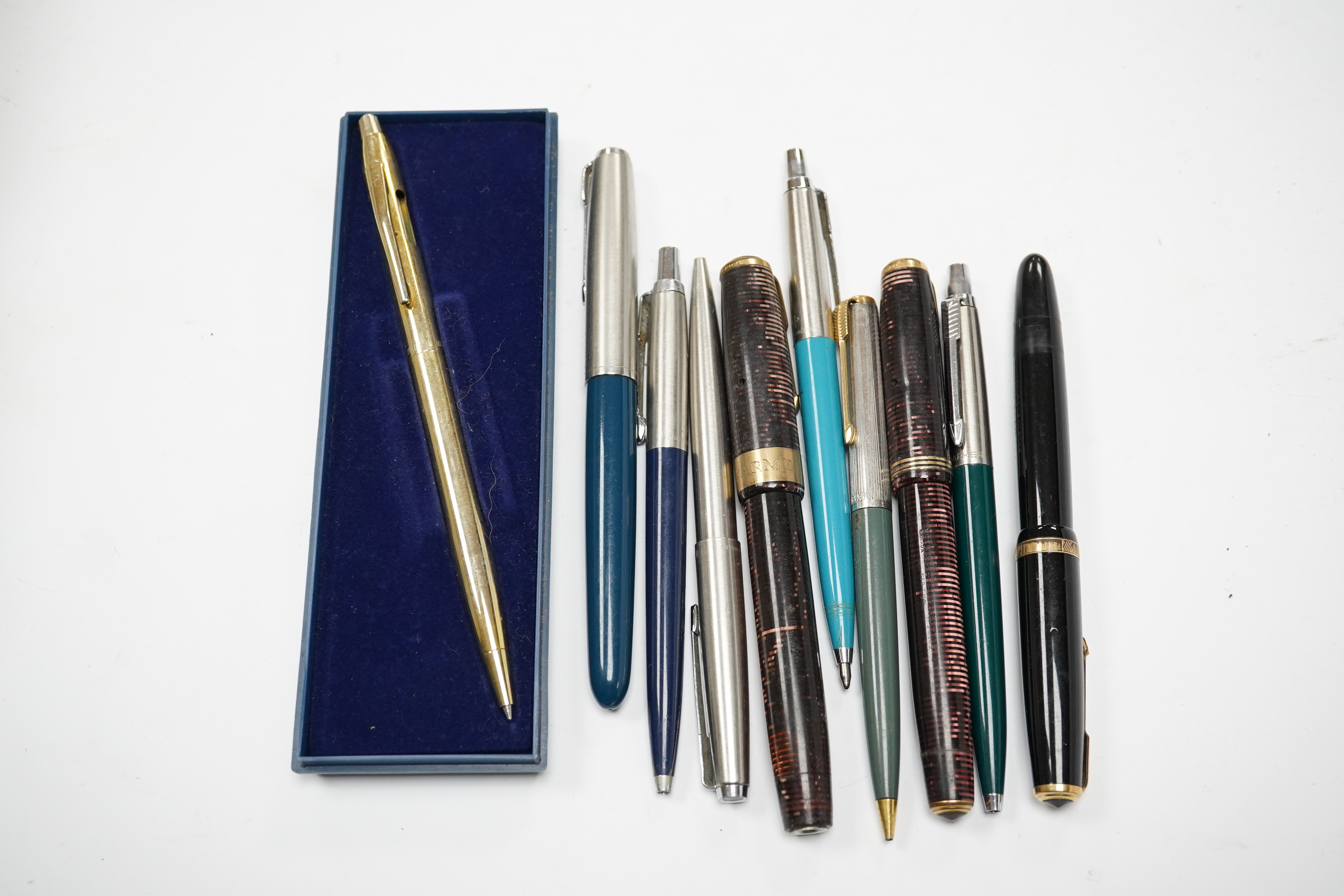 A group of ten various pens, mostly Parker, including one 9ct gold mounted. Condition - varies